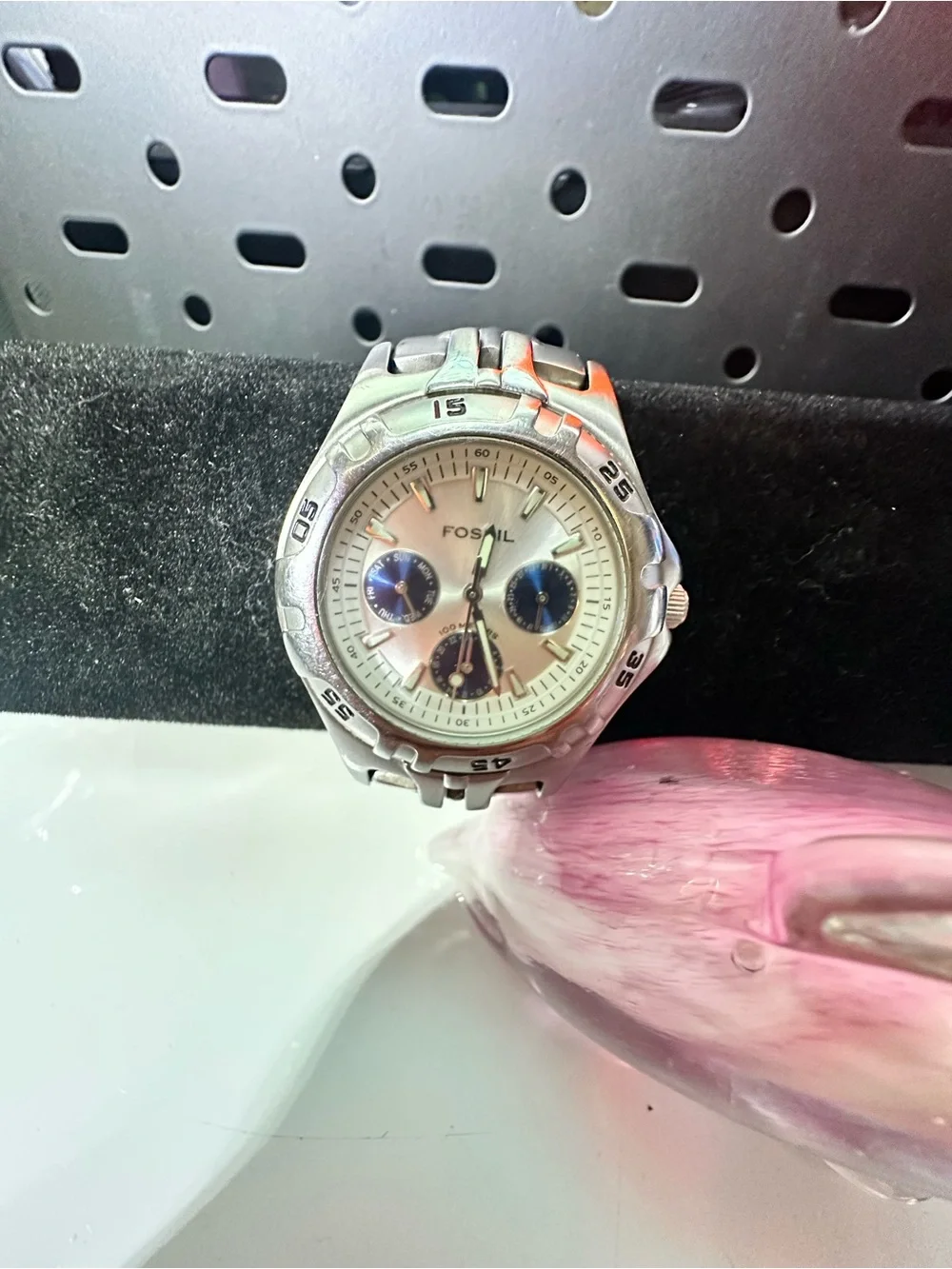 Fossil Silver and White Chronograph Watch with Blue Subdials